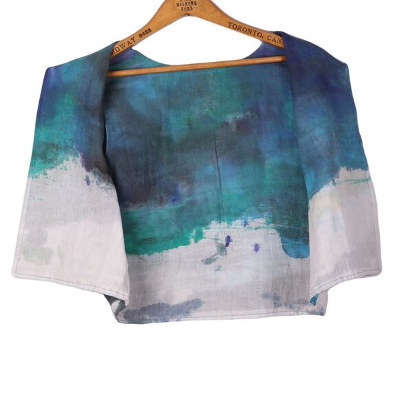 Mexico Handmade Vest Grasol Boutique Cropped Cotton Watercolours Blue Green - Picture 4 of 10